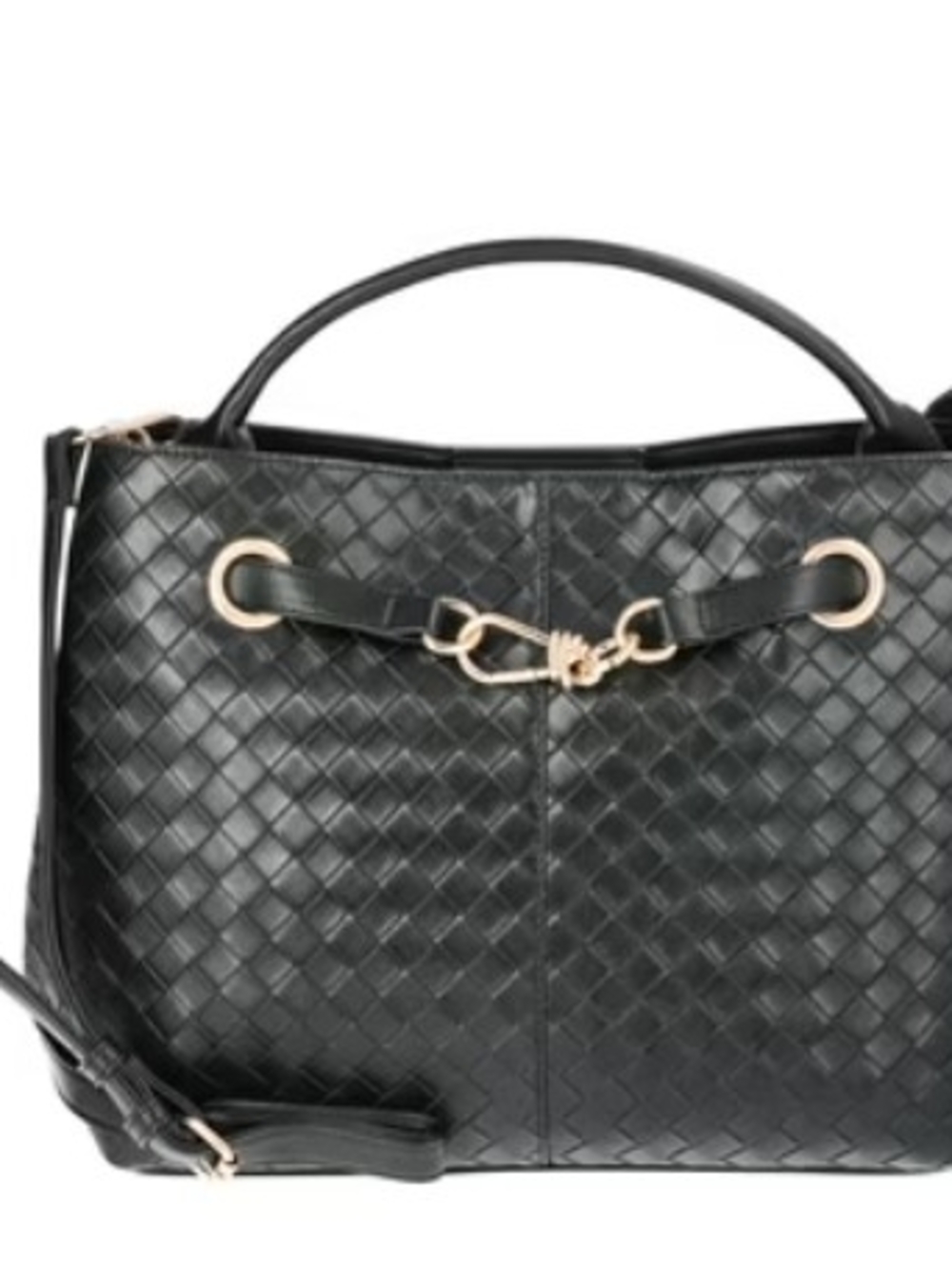 Black Woven Leather Tote Bag with Gold Hardware